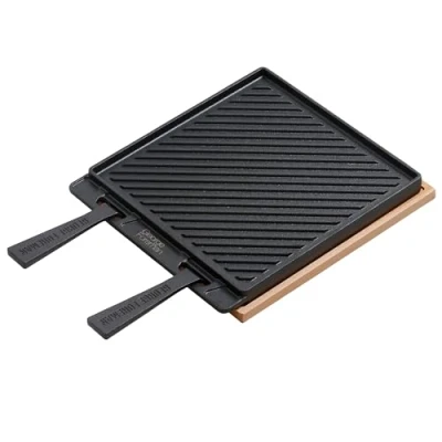 Image of George Foreman Dual Sided, Cast Iron Smooth Griddle Plate for BBQ with Beech Tray, Grill Pan, Healthy Cooking, Fits into 12&quot; and 16&quot; Pizza Ovens, Removable Handles, GFDSGP01