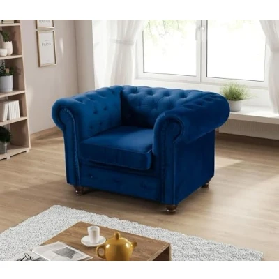 Image of MK Sofas Chesterfield Armchairs Modern &amp; Traditional Single Seater for Living Room, Lounge, and Office Blue Plush Velour Fabric Style Wingback Armchair