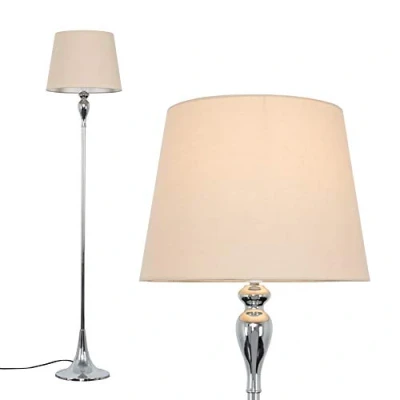 Image of MiniSun Modern Polished Chrome Spindle Design Floor Lamp with a Beige Tapered Shade