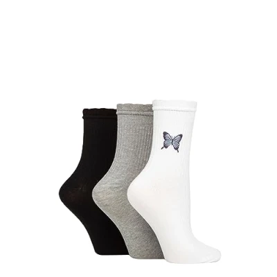 Image of Women&#039;s 3 Pair SOCKSHOP Wildfeet Mid Length Frill Top Embroidered Socks Butterfly 4 8