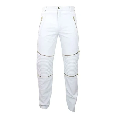 Image of Mens Black White Real Leather Jeans Gold Zips Retro Classic Vintage Goth Punk 32