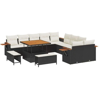 Image of vidaXL 13 Piece Garden Sofa Set with Cushions Black Poly Rattan Acacia
