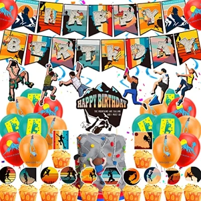 Image of Climbing Party Supplies Rock Birthday Decoration Sports Decorations Includes Happy Banner Balloons Cake Topper Cupcake Toppers Spirals