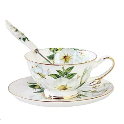 Image of Gift Set Vintage Fine Bone China Tea Cup Spoon and Saucer Gold Trim Dining Table Décor (White Camellia)