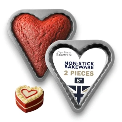 Image of Samuel Groves Love Heart Shaped Moulds 2X Sandwich Cake Pan Tins 8&quot; (19cm) PFOA &amp; BPA Free Non Stick Made in England