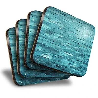 Image of Destination Vinyl ltd Great Coasters (Set of 4) Square Teal Stone Wall Interior Design Drink Glossy Coasters/Tabletop Protection for Any Table Type #15835