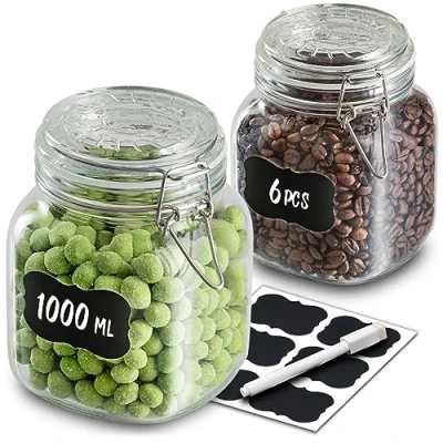 Image of Praknu Glass Jars With Clip Lids 1 Litre 6 Pack Airtight Storage 33.8oz Labels, Pen &amp; Extra Silicone Seals Square Shape Dishwasher Safe