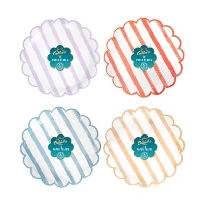 Image of YöL Pack of 50 Scallop Edge Paper Plates Striped Red Lilac Blue Terracotta Summer Dining Picnic Party Food BBQ