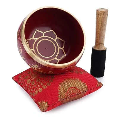 Image of Ajuny Tibetan Singing Bowl Set Handcrafted Meditation Brass Sound with Stick and Cushion for Yoga, Chakra Healing, Mindfulness Stress Relief Spiritual Gifts Gold Red