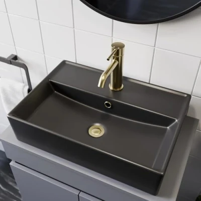 Image of Affine® 505 x 352mm Bathroom Countertop Vanity Wash Basin Ceramic Sink, Rectangular 1 Single Tap Hole, Matt Black Vessel Cloakroom Sinks