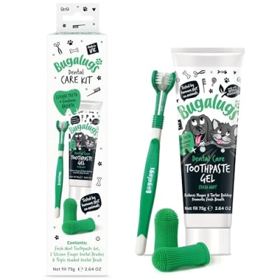 Image of Bugalugs Dog Toothbrush and Toothpaste Kit Includes Cats &amp; Toothpaste, 2 x Finger Cat Toothbrush, 1 Teeth Cleaning Products for Plaque Remover Breath Freshener