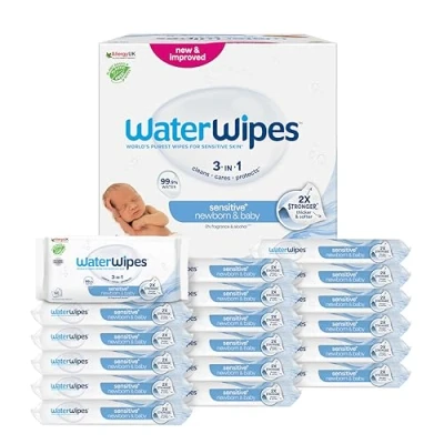 Image of WaterWipes Plastic Free Original Baby Wipes, 1080 Count (18 packs), 99.9% Water Based Unscented for Sensitive Skin (Packaging may vary)