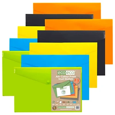 Image of eco A4+ 50% Recycled Assorted Colours Press Stud Popper Wallet, Plastic Folders (Pack of 10), Green, Black, Blue, Yellow, Orange, eco035x2