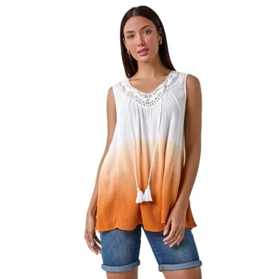 Image of Roman Originals Cotton Lace Detail Ombre Vest Top for Women UK Ladies Everyday Holiday Spring Summer V Neckline Comfy Soft Evening Vacation Work Party Rust Size 12
