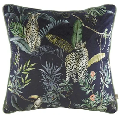 Image of Evans Lichfield Jungle Leopard Piped Velvet Feather Filled Cushion Navy One Size