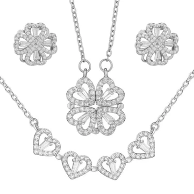 Image of AOWVUTS Four Leaf Clover Jewellery Set, 2 in 1 Love Heart Folding Necklace, Sparkle Crystal Lucky Necklace and Stud Earrings Sets Gift for Women Her Wife Girlfriend (silver)