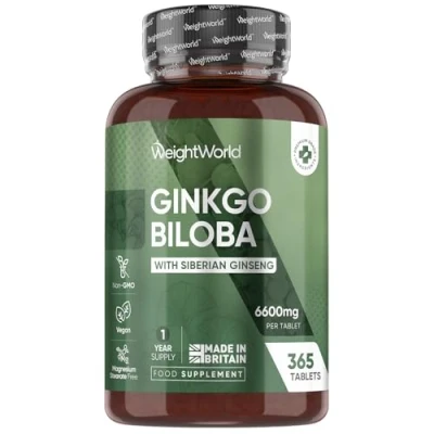Image of Ginkgo Biloba 6000mg &amp; Ginseng 600mg per Tablet 365 High Strength Vegan Tablets 28.8mg Flavone Glycosides and 7.2mg Terpene Lactones Siberian