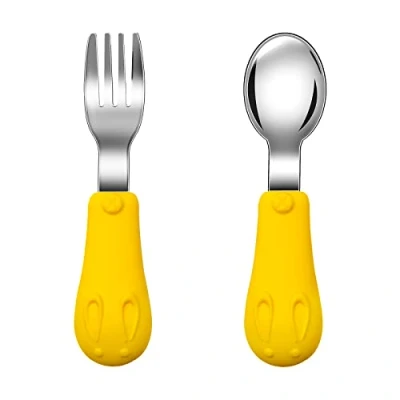 Image of Jmbabe Toddler Fork and Spoon, Stainless Steel Baby Utensils Cutlery Set, Self Feeding Spoon Fork, Children Flatware Weaning Learning to Use