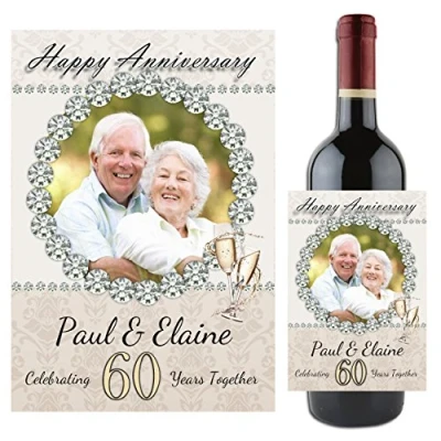 Image of Personalised Diamond 60th Wedding Anniversary Wine/Champagne Bottle Photo Label Gift Present Idea N92