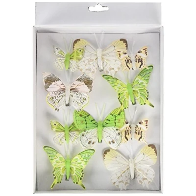 Image of HEITMANN DECO Feather Butterflies with Clip, Green/White/Brown, 28 x 18,5 3,5 cm
