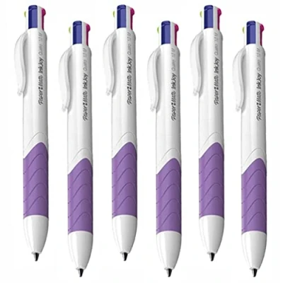 Image of FNX 6 x Papermate InkJoy Quatro Retractable Ballpoint Pens 1.0mm Medium Point Nib 4 Fun Ink Colours:Turquoise Blue, Lime Green, Magenta Pink, Purple White/Purple Barrel, Loose in Plain Packaging