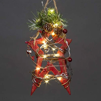 Image of 20cm Red Wooden LED Star Hanging Ornament Christmas Holiday Home décor with 15 Warm white LEDs