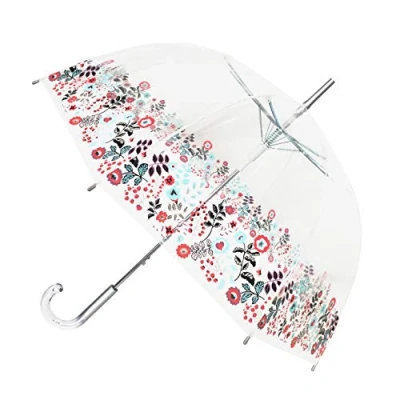 Image of SMATI Paris Lady’s Clear Birdcage Umbrella decorated with multicolored lace flowers border Transparent; Windproof; Auto open; Crystal style handle; French design