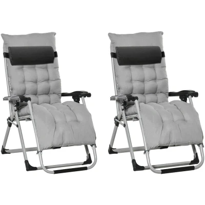 Image of Outsunny 2 Piece Reclining Zero Gravity Chair Metal Frame Folding Garden Sun Lounger with Cushion Headrest, Light Grey