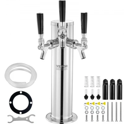 Image of VEVOR Triple Taps Draft Beer Tower Dispenser, Stainless Steel Keg Tower, Kegerator Kit with Pre Assembled Tubing and Self Closing Faucet Shanks for Party, Bar, Pub, Restaurant