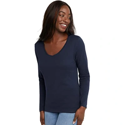 Image of Hanes Women’s Perfect T Long Sleeve V Neck Shirt, Navy, Large