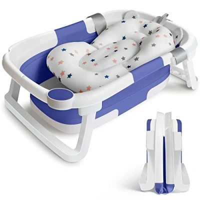 Image of Baby Bath Tub Foldable Bathtub, Newborn Plastic Bathtub with Cushion Pad Anti Slip Legs Collapsible for Toddler Kids Bathing Childrens Travel Shower Tubs Blue and White