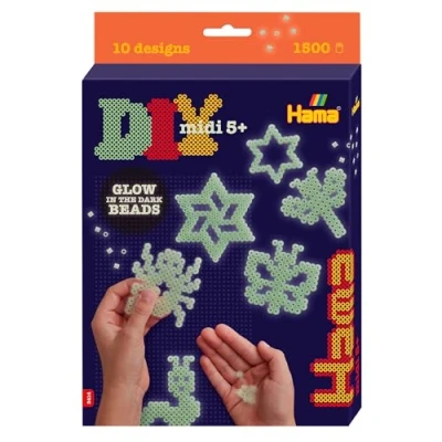 Image of Hama Glow in The Dark Beads 1500 pcs, 3 Pegboards, Colour Printed Design Sheet, Instructions &amp; Ironing Paper Mosaic Decoration Arts Craft for Creative Children