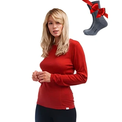 Image of Merino.tech Merino Wool Base Layer Women 100% Midweight Long Sleeve Thermal Shirts + Socks (XX Large, 250 Cherry Red)