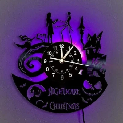 Image of MENAUX Nightmare Christmas Clock Gifts, Jack and Sally LED Vinyl Wall Clock, 12 inch Quartz Handmade Halloween,Christmas Anniversaries, Birthdays Decorations Lights, With light