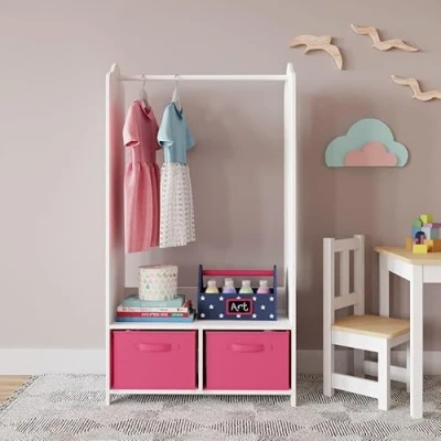 Image of URBNLIVING Kids MDF Wooden Hanging Clothes Rail Wardrobe Storage Shelves with Inserts Mirror Freestanding (Drak Pink)