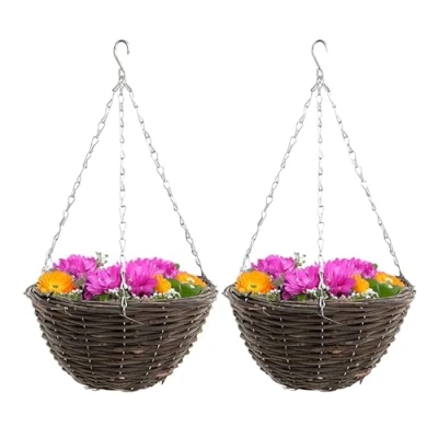 Image of ADEPTNA Set of 2 Round Garden Hanging Baskets with Lined Natural Basket Plants Wall Flower Planter Pot Detachable Chain for Home Decoration (14’’ RATTAN BASKETS)