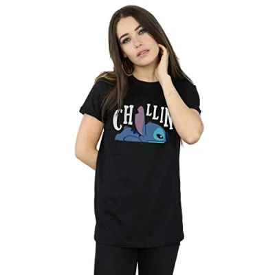 Image of Disney Women&#039;s Lilo and Stitch Chillin Boyfriend Fit T Shirt Black Large