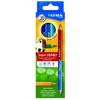 Image of LYRA Super Ferby Duo Bi Colour Wooden Chunky Colouring Pencils, 6 Assorted Colours, Ideal for Children and Schools
