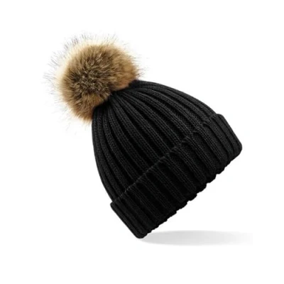 Image of Beechfield Faux Fur Pop Pom Chunky Beanie Unisex Styling Black