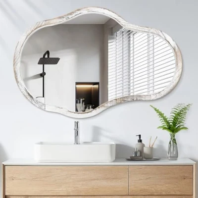 Image of White Asymmetrical Wooden Framed Wall Mirror Modern Irregular Unique Hanging Wavy Artistic Decor Bathroom Vanity Bedroom Living Room Entryway Hallway Large 65x45cm