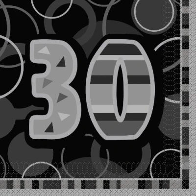 Image of Unique Party 28480 Glitz Black 30th Birthday Paper Napkins, Pack of 16