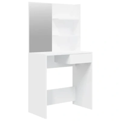 Image of vidaXL Elegant White Dressing Table with Mirror, Asymmetric Design, Engineered Wood Makeup Storage Shelves and Drawer