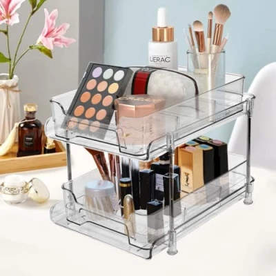 Image of ADERTOS Under Sink Storage Kitchen Organiser, 2 Tier Pull Out Storage, Sliding Drawer Counter Organization Rack, Multi purpose Shelf Basket for Bathroom Countertop Clear
