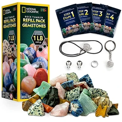 Image of National Geographic Rock Tumbler Refill Kit 453 g Gemstones and Rocks for Tumbling including Unpolished Amethyst Quartz Supplies include Grit &amp; Jewellery Accessories