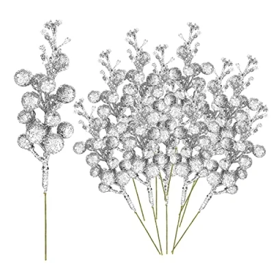 Image of Wyi 24Pcs Christmas Glitter Berries Stems 7.87in Xmas Artificial Fruit Red Berry Stem Simulation Picks Holly Twig for Tree Wreath Garland Decoration Silver