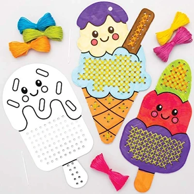 Image of Baker Ross AT992 Ice Cream Colour in Cross Stitch Kits Pack of 5, Embroidery Kit for Beginners and Kids Arts Crafts Projects,Blue,Green,Orange,Pink,Purple