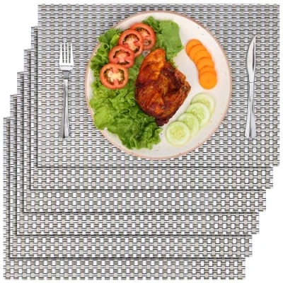 Image of Belle Vous 6 Pack of Gold &amp; Silver Design Placemats PVC Non Slip, Tear Resistant Washable Place Mat Easy To Clean, Heat Waterproof Table Mats for Kitchen, Dining and Restaurant