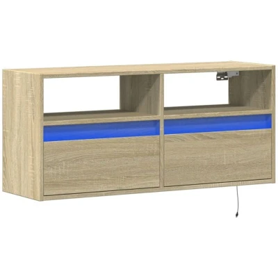 Image of vidaXL Sonoma Oak TV Wall Cabinet with RGB LED Lights, Engineered Wood Floating Unit, Mounted Storage 4 Drawers, 100 x 31 45 cm for Living Room