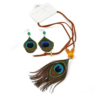 Image of RUNHENG Handmade Feather Peacock Pendant Necklace and Earring Fashion Set