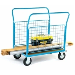 Image of 2 Mesh Sides Platform Truck; Fixed/Swivel Castors; Steel; Blue/Veneer